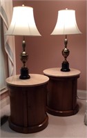 Pair of travertine end tables and lamps