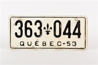 1953 QUEBEC S/S EMBOSSED SINGLE LICENSE PLATE