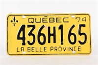 1974 QUEBEC SINGLE S/S EMBOSSED LICENSE PLATE