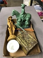 Ceramic statues, wood hangers, tin box