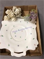 White plate, shell flowers, bead flowers