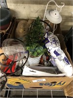Box of home decor--mini tree, owl, vases