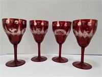 4 Etched Red Crystal Goblets STAGS & TREES