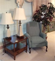 Vintage Lamps, table, and chair