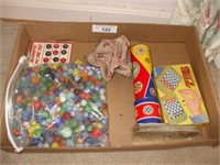 LARGE BAG OF MARBLES AND VINTAGE GAMES