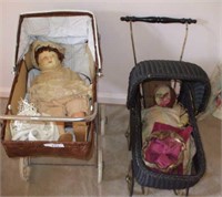 VINTAGE BABY BUGGIES AND 2 BABY DOLLS