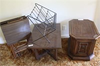 WOODEN END STAND, MAGAZINE RACK, AND 5 TABLES