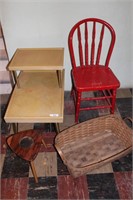 SMALL END TABLE, MAGNIFIER, BASKET, CHAIR, 2 LAMPS