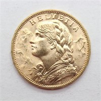 1914 Swiss Gold 20 Franc Helvetia, Blanchard