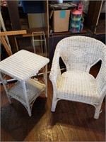 WHITE WICKER CHAIR AND SIDE TABLE
