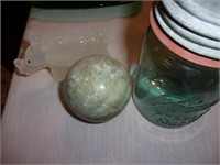 Ball jar, paper weight, 2 colored glass 2 pics