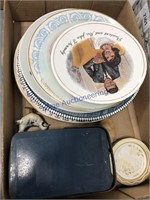 Collector plates, pie dish, tins