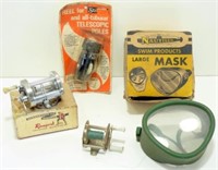 3 Old Fishing Reels and a Diving Mask in Box