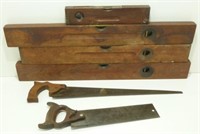 * 4 Old Wooden Levels including Stanley & 2 Saws