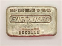 Rare 10 Troy Ounce Engelhard .999 Fine Silver Bar