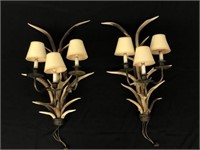 Matched Pair of 3 Arm Antler Wall Sconces
