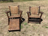 Pair of Old Hickory Paddle Arm Chairs & Foot Rest