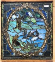 Antique Stained Glass Window with Mallard Ducks