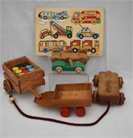 Wood Pull Cart, Cars & Puzzel Set