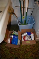 Cups, cleaning supplies, brooms etc, trash can
