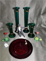 Ruby Glass Plate and Green Candle Holders