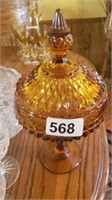 VINTAGE AMBER GLASS COVERED CANDY DISH