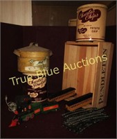 Wooden Box, 3 Tins & Train Set