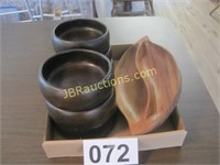 6 Wooden Bowls & Wooden Divided Leaf Tray
