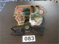 2- Irons, Vase, Boots, Tray, & Clock