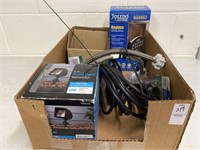 Box of assorted items, door knob, fountain pump,