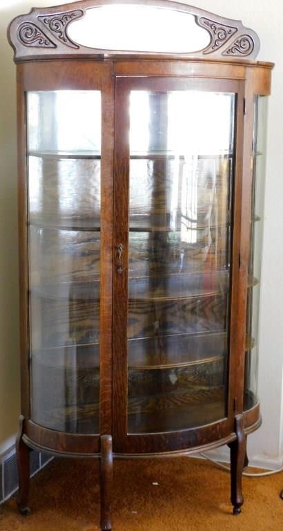 Antique Curved Glass Curio Cabinet, Curved Glass China Cabinet Vintage