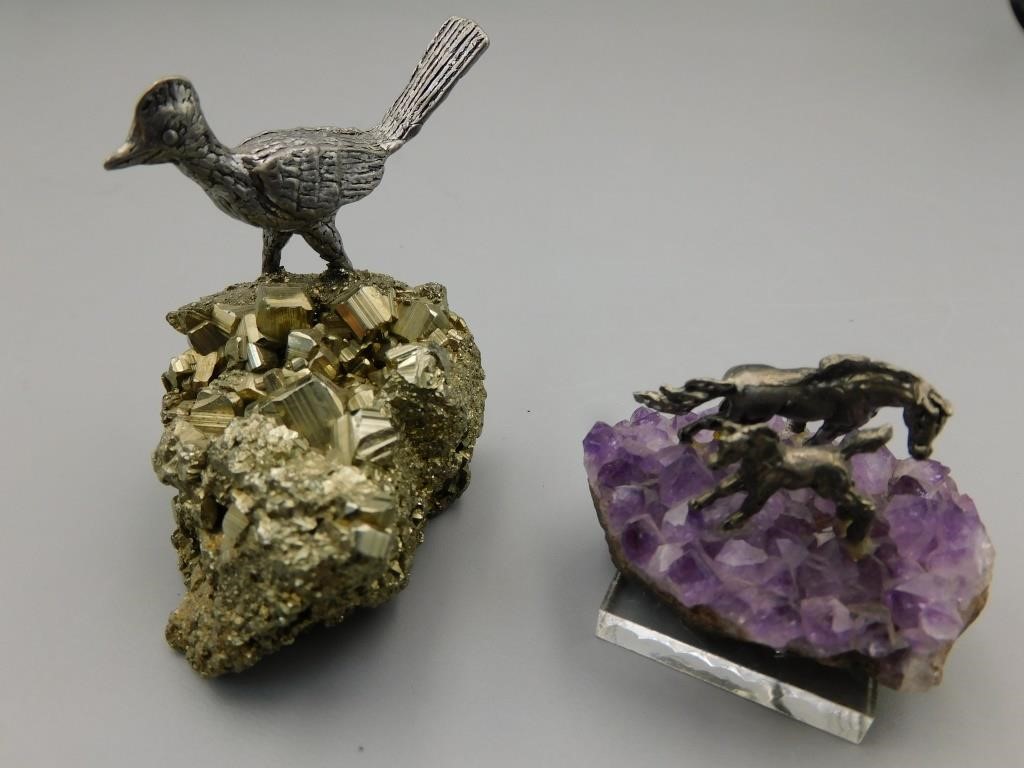 Metal Animal Figurines on Pyrite & Amethyst | 345 Auction
