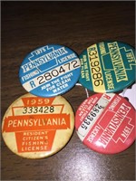 4 PA Fishing License Buttons 1959, 1974-74-75