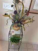 Wrought Iron glass-top stand & flower arrangement