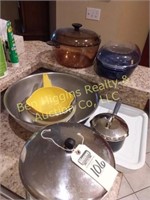 Stainless steel bowl, Lg. pan, & misc. cookware