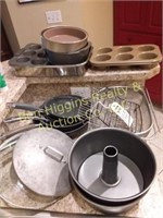 Assort. skillets, cake pans, muffin tins, & misc.