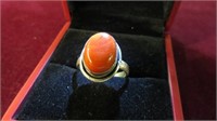 LADIES .925 STERLING RING, SZ 7, RED STONE