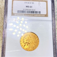 1914-D $5 Gold Half Eagle NGC - MS61