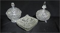 3 CRYSTAL & GLASS CANDY DISHES W/LIDS