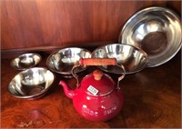 Red Mixing Bowls & Teapot