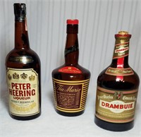 3 Vintage Imported Brown Glass Liqueur Bottles