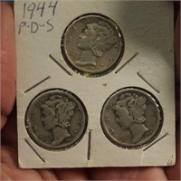 1944 P, D, S Mercury Dimes
