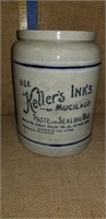 KELLERS INK STONEWARE JAR W/ BLUE BAND