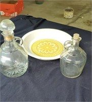 Pair of decanters and cute vintage plate