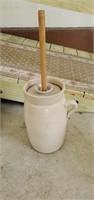 Stoneware butter churn with dasher handle is