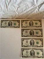Lot of 5 Two Dollar Bills