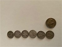 6 Silver Dimes, 1 Buffalo Nickel