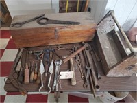 Wooden carpenter's box, toolbox, old tools