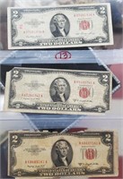 3 old red seal US two dollar bills