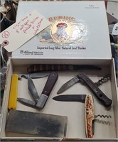 Old Bering cigar box + 5 pocket knives whetstone